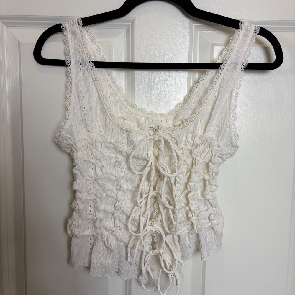 Coquette Smocked Cottagecore Popcorn Lace Trim Tie Front Crop Top XS